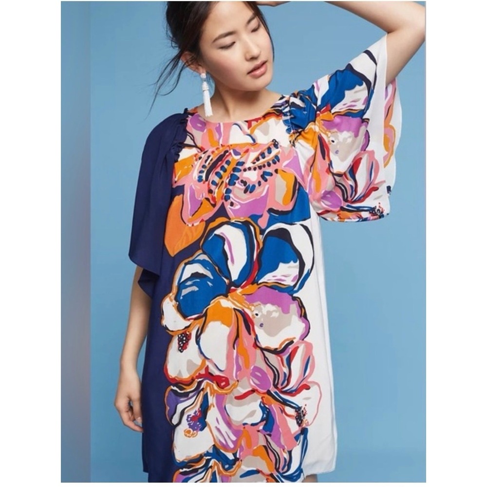 Anthropologie Maeve Vero Silk Floral Colorblock Shift Dress Medium - Picture 11 of 11